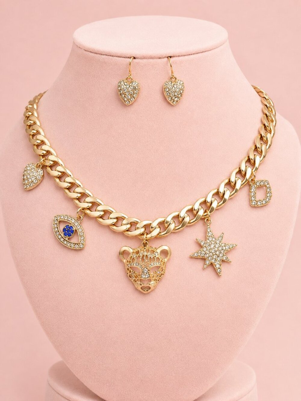 Cheetah Leopard Evil Eye Crystal Rhinestone CZ Gold Chain Charm Necklace SET New
